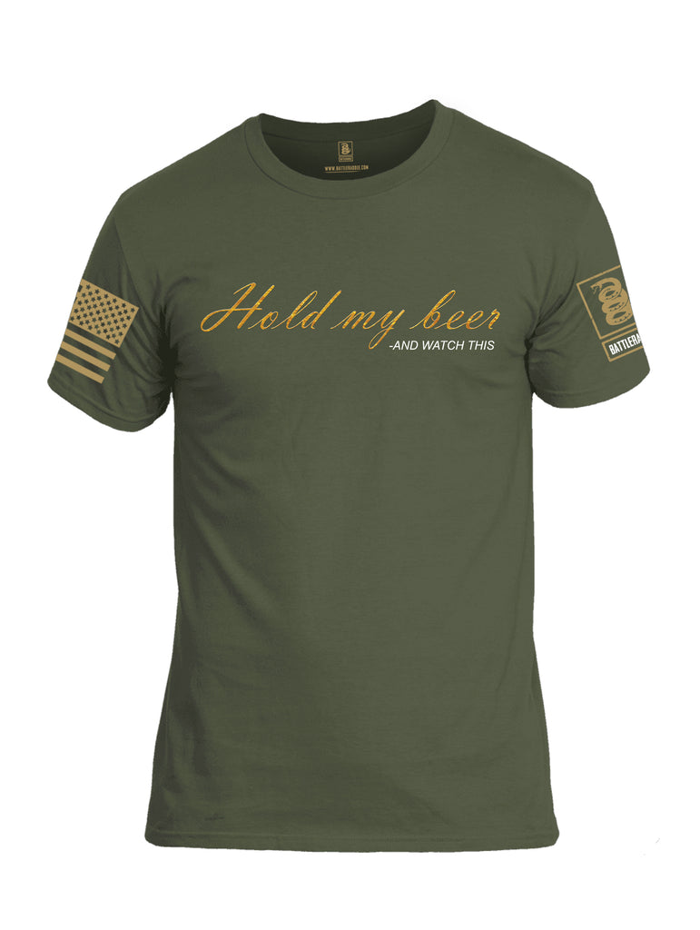 Battleraddle Hold My Beer And Watch This Brass Sleeve Print Mens Cotton Crew Neck T Shirt