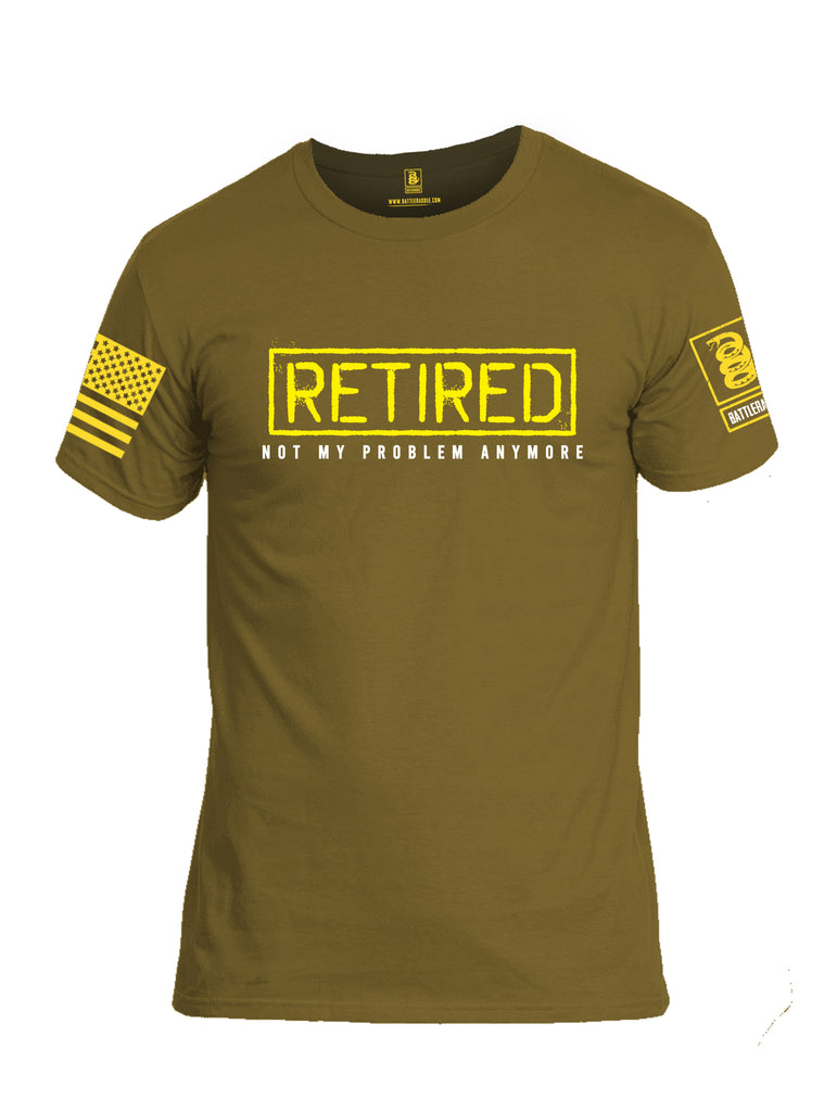 Battleraddle Retired Not My Problem Anymore Yellow Sleeve Print Mens Cotton Crew Neck T Shirt