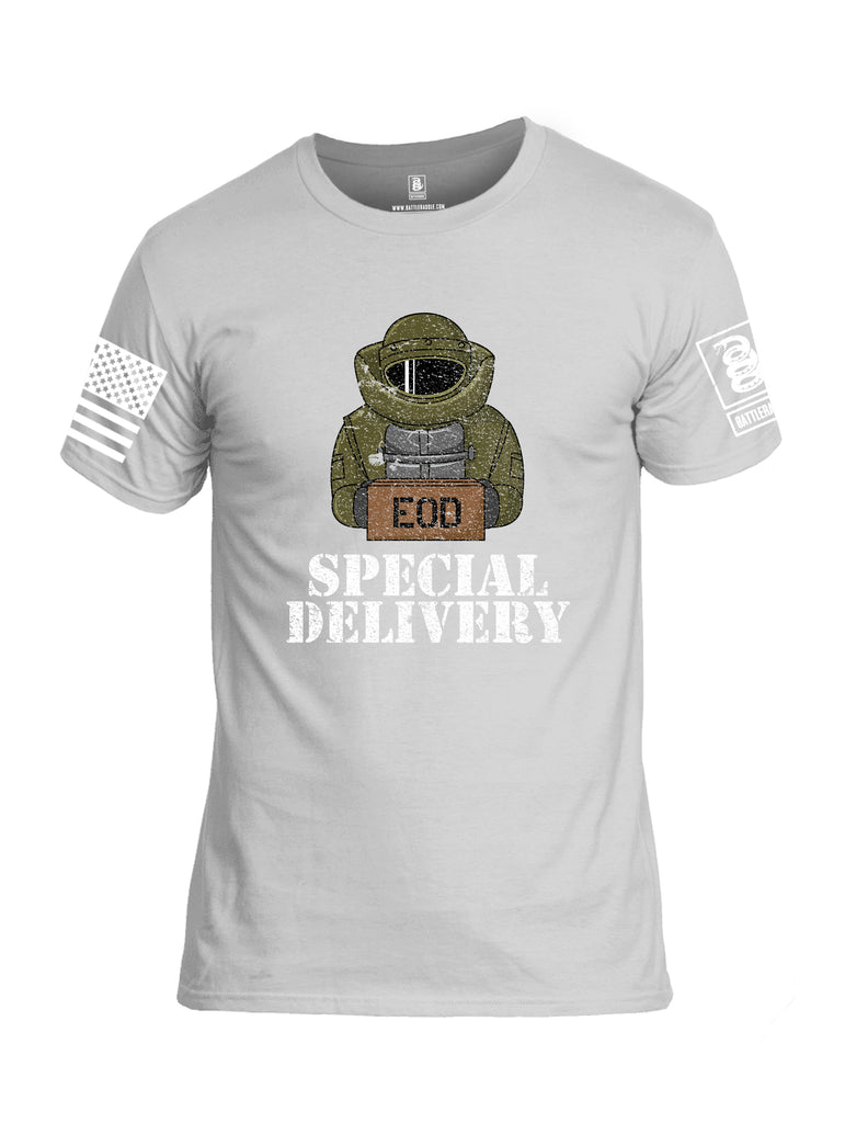 Battleraddle EOD Special Delivery White Sleeve Print Mens Cotton Crew Neck T Shirt