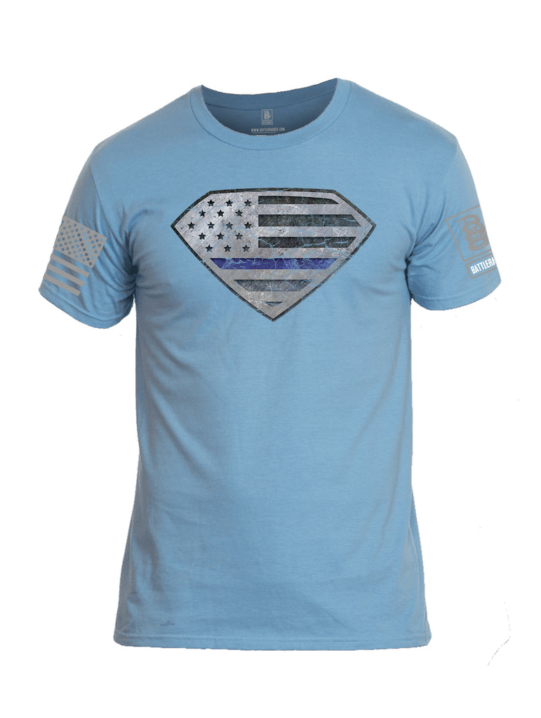 Battleraddle Super USA Flag Blue Line Grey Sleeve Print Mens Cotton Crew Neck T Shirt