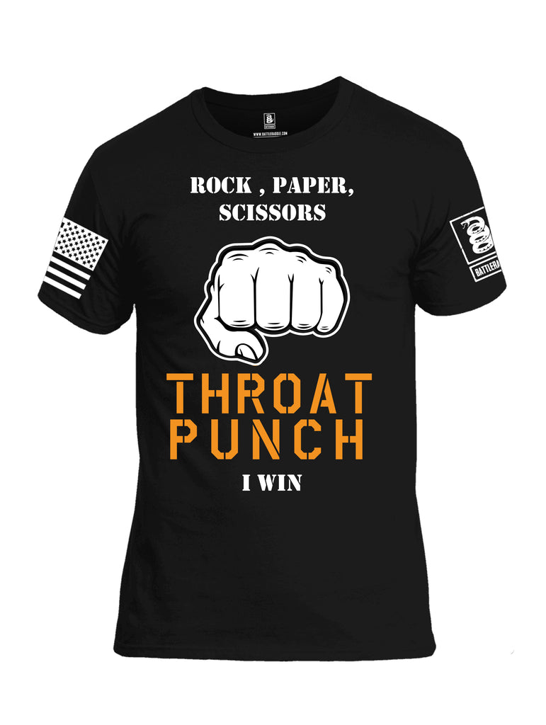 Battleraddle Rock Paper Scissors Throat Punch I Win White Sleeve Print Mens Cotton Crew Neck T Shirt