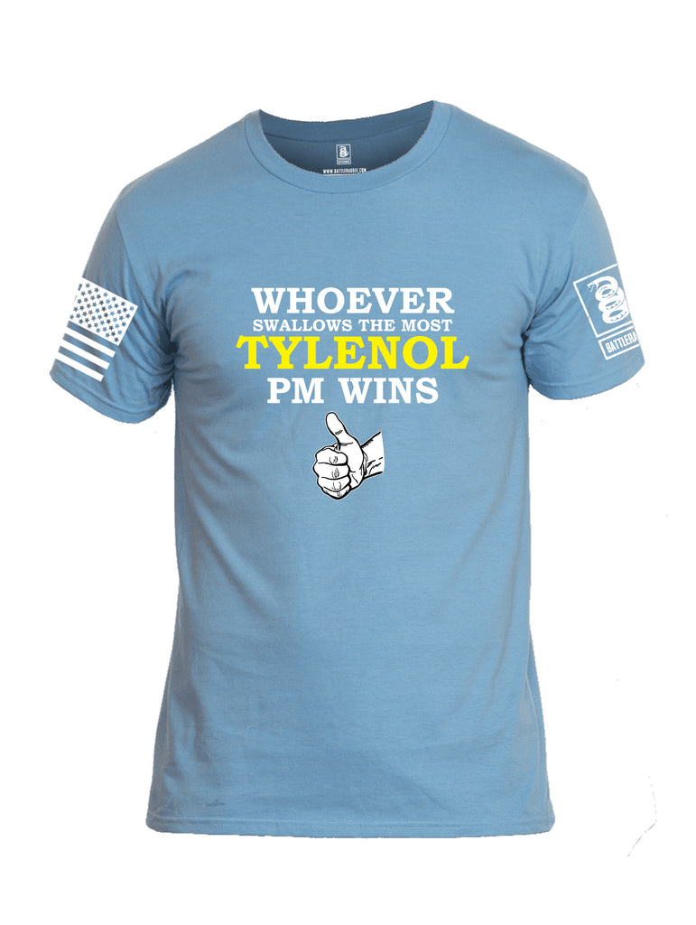 Battleraddle Whoever Swallows The Most Tylenol PM Wins White Sleeve Print Mens Cotton Crew Neck T Shirt