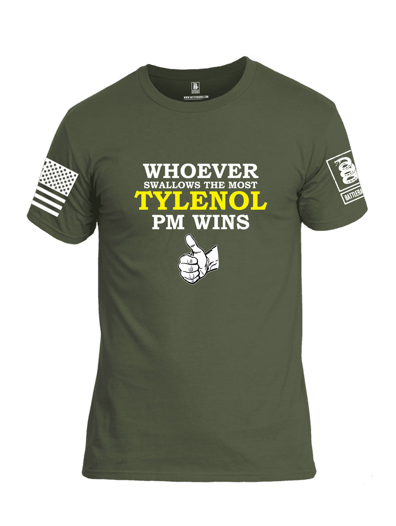 Battleraddle Whoever Swallows The Most Tylenol PM Wins White Sleeve Print Mens Cotton Crew Neck T Shirt