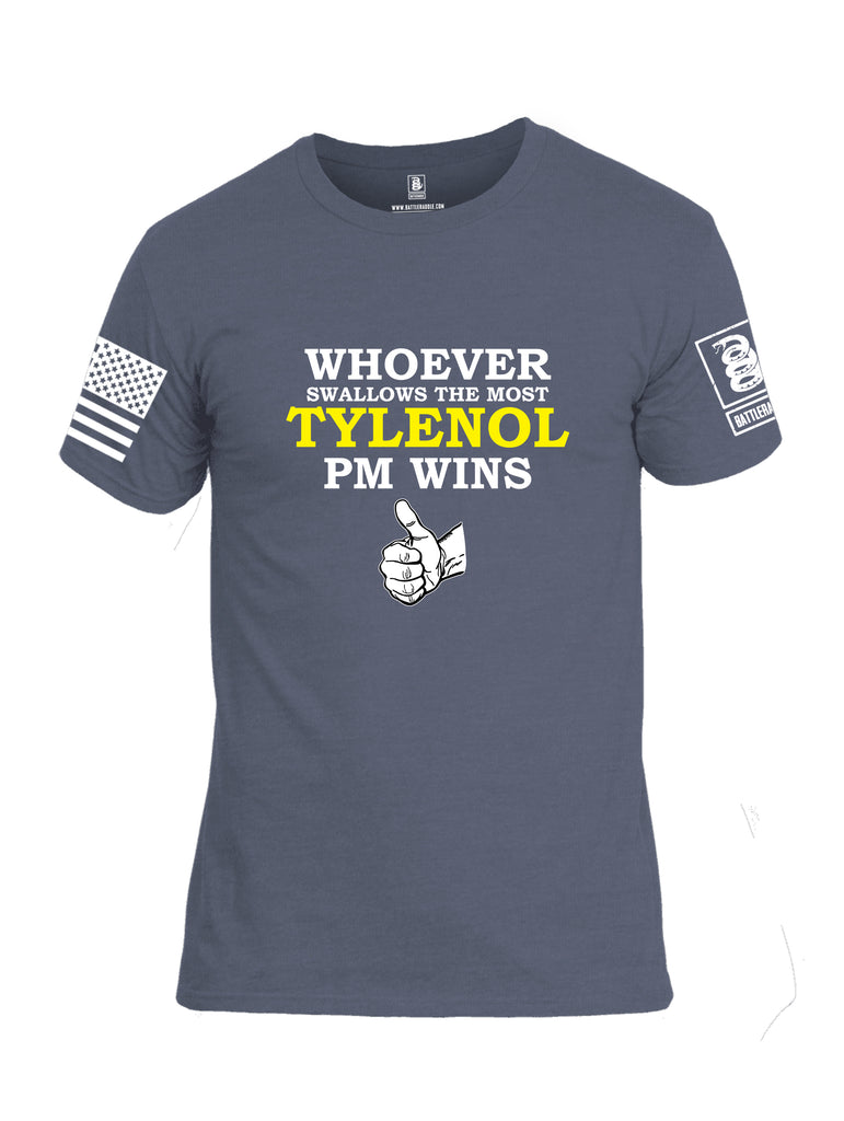 Battleraddle Whoever Swallows The Most Tylenol PM Wins White Sleeve Print Mens Cotton Crew Neck T Shirt