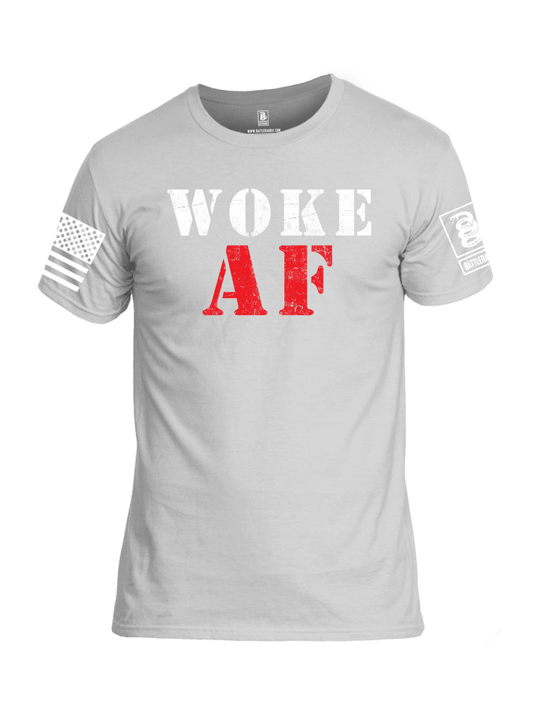 Battleraddle Woke AF White Sleeve Print Mens Cotton Crew Neck T Shirt