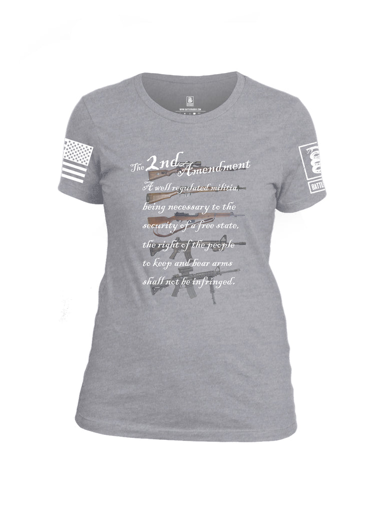 Battleraddle The 2nd Amendment Gun Evolution White Sleeve Print Womens Cotton Crew Neck T Shirt