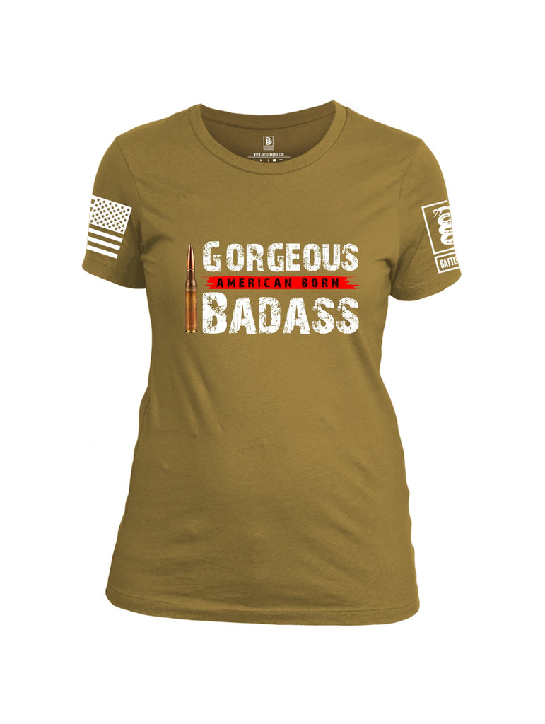 Battleraddle Gorgeous American Born Badass White Sleeve Print Womens Cotton Crew Neck T Shirt