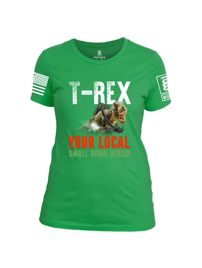 Battleraddle T-Rex Your Local Small Arms Dealer White Sleeve Print Womens Cotton Crew Neck T Shirt