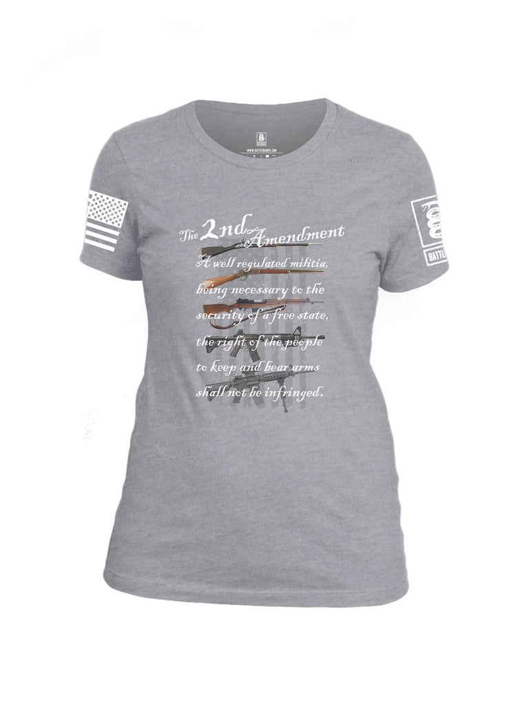 Battleraddle The 2nd Amendment Gun Evolution Flag White Sleeve Print Womens Cotton Crew Neck T Shirt
