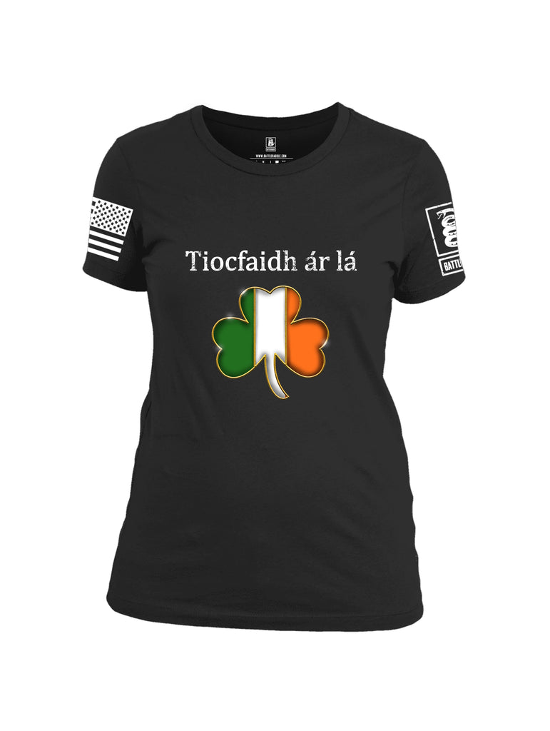 Battleraddle Tiocfaidh ar la Irish Flag Clover White Sleeve Print Womens Cotton Crew Neck T Shirt