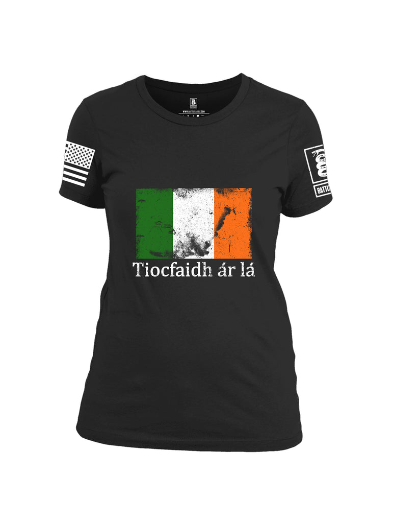 Battleraddle Tiocfaidh ar la Irish Flag White Sleeve Print Womens Cotton Crew Neck T Shirt