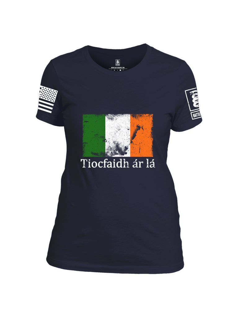 Battleraddle Tiocfaidh ar la Irish Flag White Sleeve Print Womens Cotton Crew Neck T Shirt