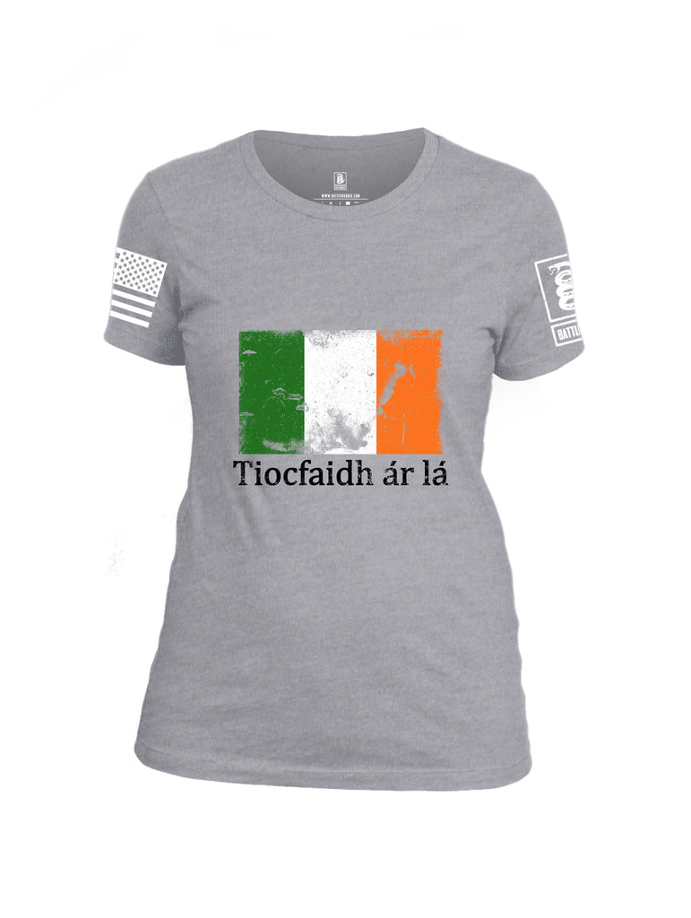 Battleraddle Tiocfaidh ar la Irish Flag Black White Sleeve Print Womens Cotton Crew Neck T Shirt