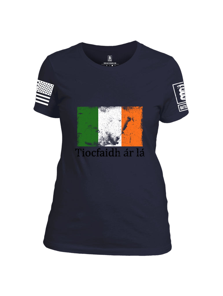 Battleraddle Tiocfaidh ar la Irish Flag Black White Sleeve Print Womens Cotton Crew Neck T Shirt