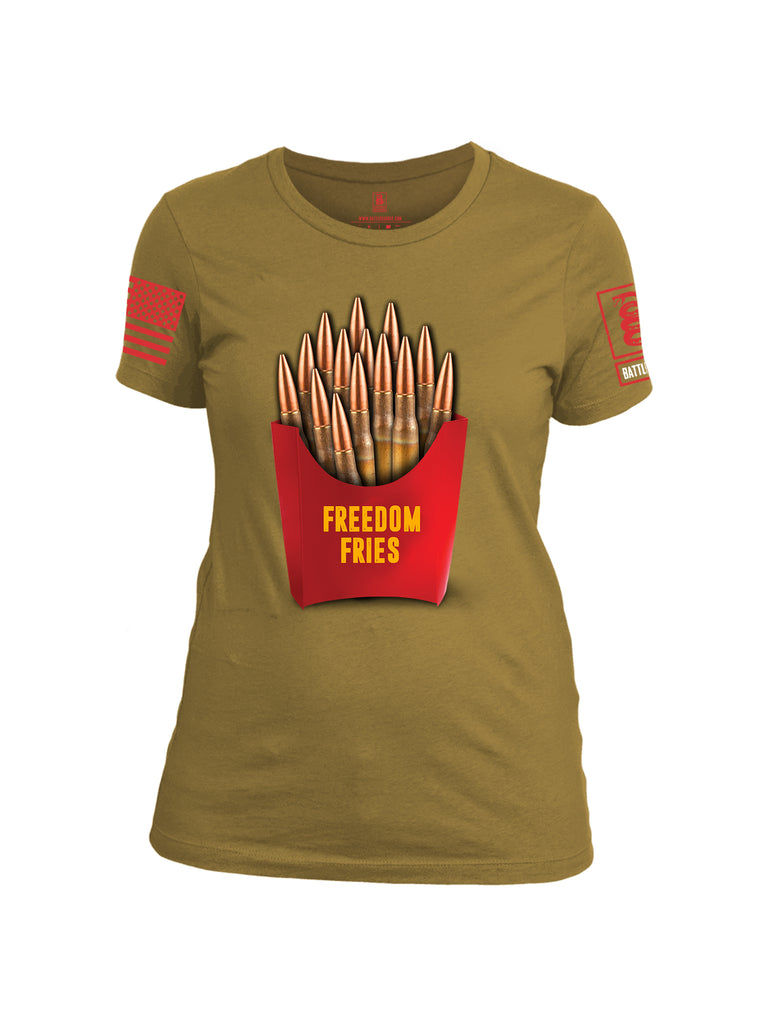 Battleraddle Freedom Fries Red Sleeve Print Womens Cotton Crew Neck T Shirt