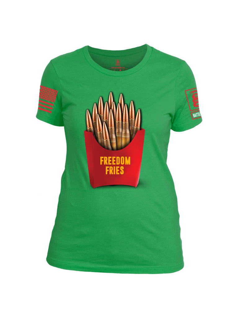 Battleraddle Freedom Fries Red Sleeve Print Womens Cotton Crew Neck T Shirt