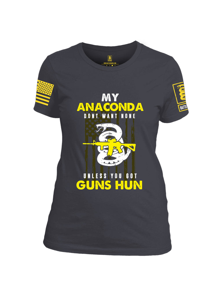 Battleraddle My Anaconda Dont Want None Unless You Got Guns Hun Yellow Sleeve Print Womens Cotton Crew Neck T Shirt