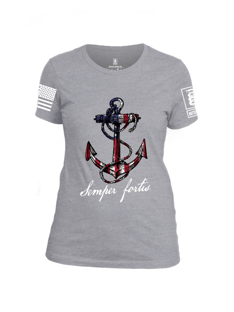 Battleraddle Semper Fortis White Sleeve Print Womens Cotton Crew Neck T Shirt