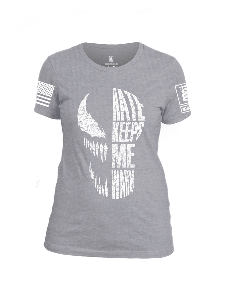 Battleraddle Hate Keeps Me Warm White Sleeve Print Womens Cotton Crew Neck T Shirt