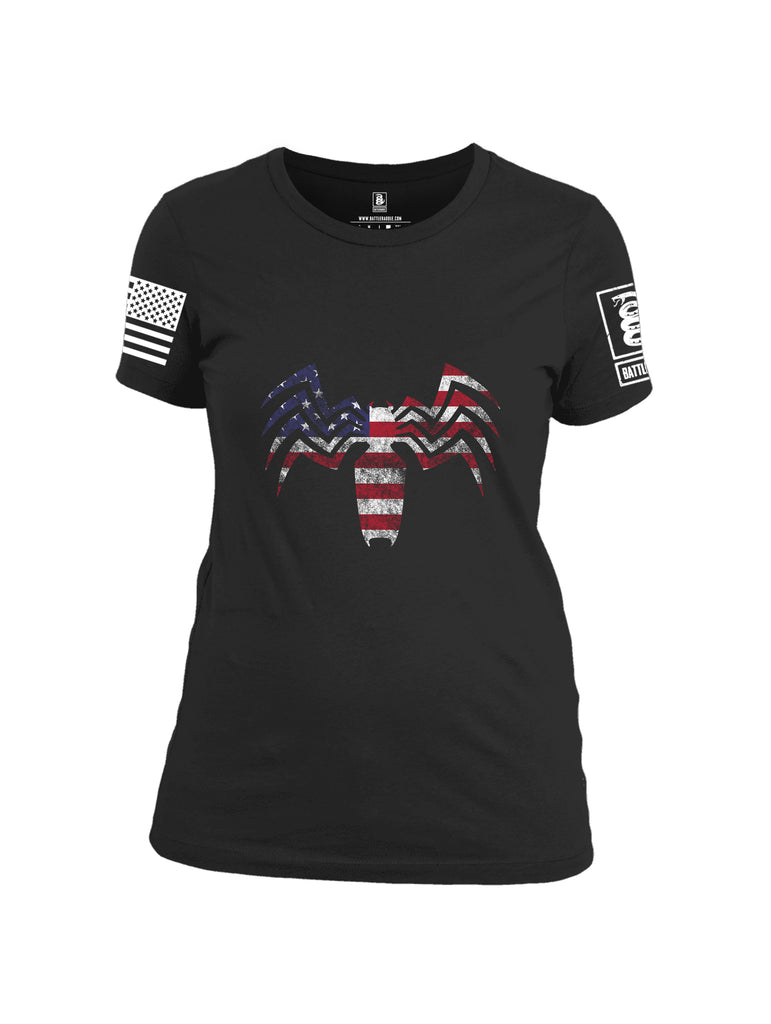 Battleraddle Venomize USA Flag Red Sleeve Print Womens Cotton Crew Neck T Shirt