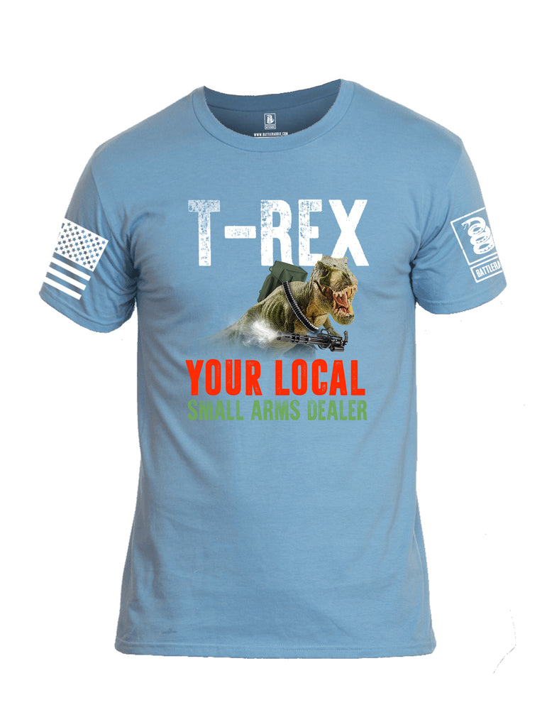 Battleraddle T-Rex Your Local Small Arms Dealer White Sleeve Print Mens Cotton Crew Neck T Shirt