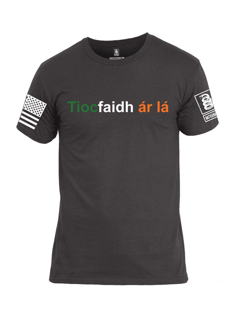 Battleraddle Tiocfaidh ar la with Irish Flag Green White Orange Letters White Sleeve Print Mens Cotton Crew Neck T Shirt