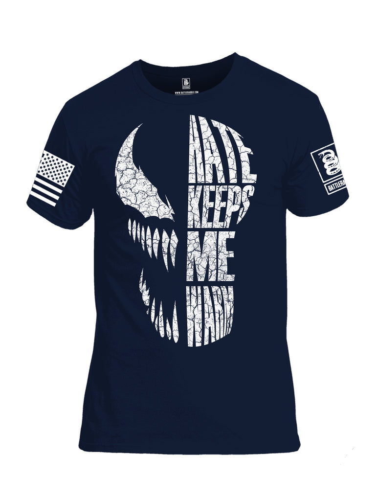 Battleraddle Hate Keeps Me Warm White Sleeve Print Mens Cotton Crew Neck T Shirt
