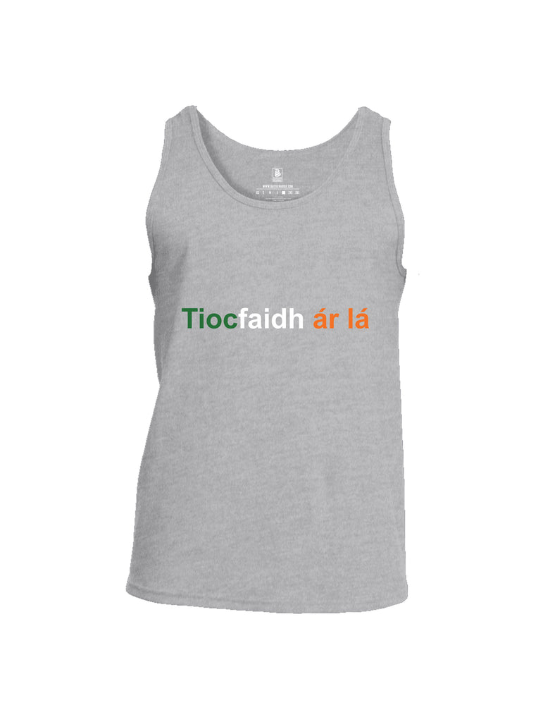 Battleraddle Tiocfaidh ar la with Irish Flag Green White Orange Letters Mens Cotton Tank Top
