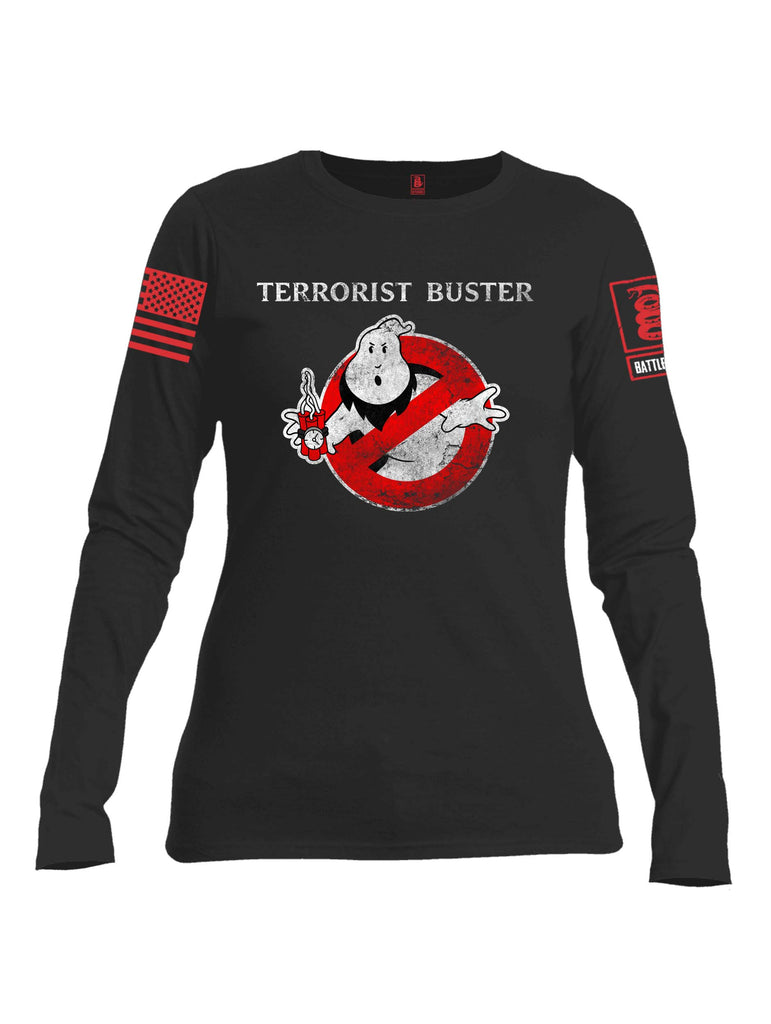 Battleraddle Terrorist Buster V1 Red Sleeve Print Womens Cotton Long Sleeve Crew Neck T Shirt