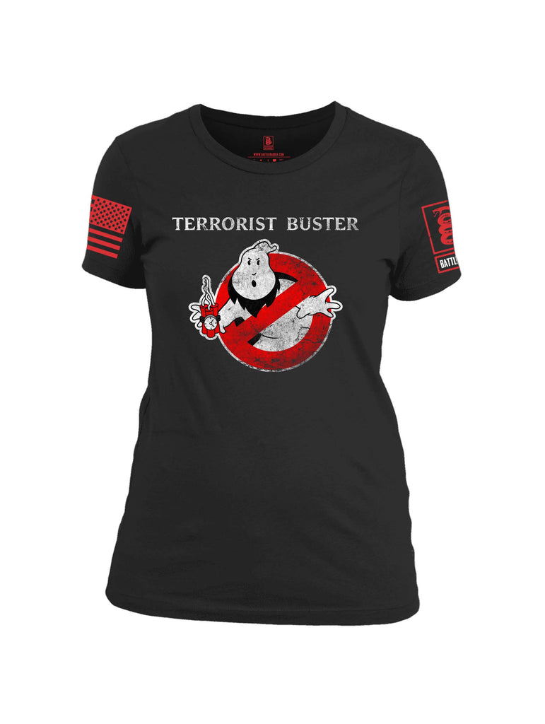 Battleraddle Terrorist Buster Red Sleeve Print Womens Cotton Crew Neck T Shirt