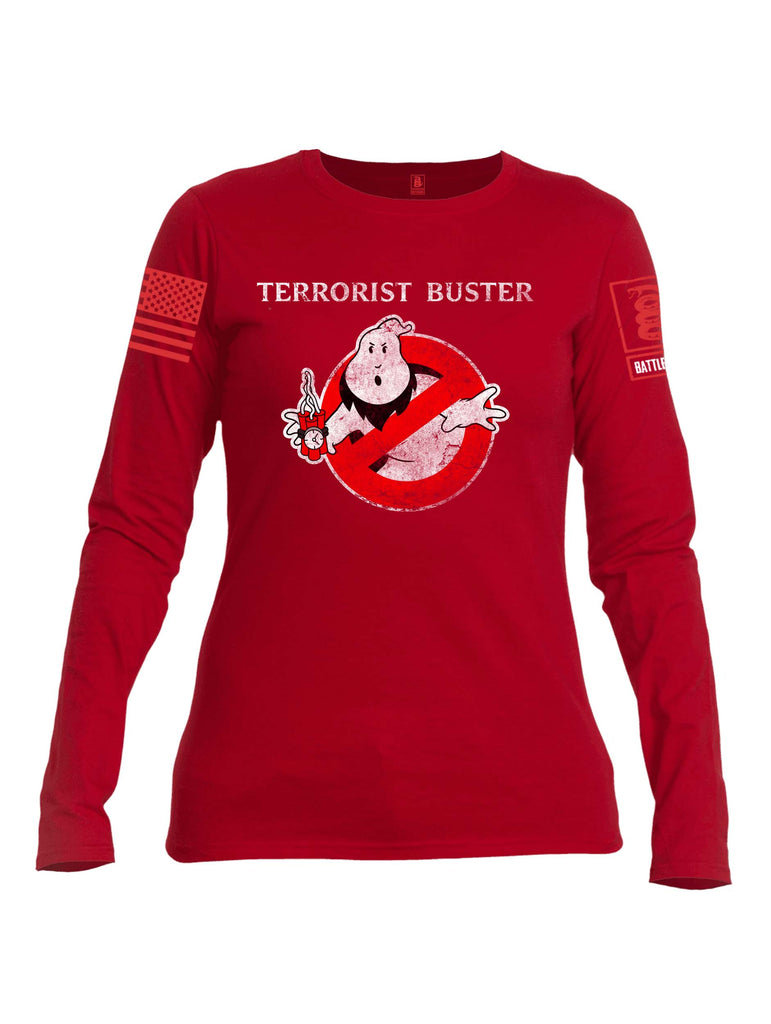 Battleraddle Terrorist Buster V1 Red Sleeve Print Womens Cotton Long Sleeve Crew Neck T Shirt