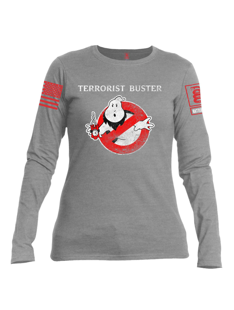 Battleraddle Terrorist Buster V1 Red Sleeve Print Womens Cotton Long Sleeve Crew Neck T Shirt