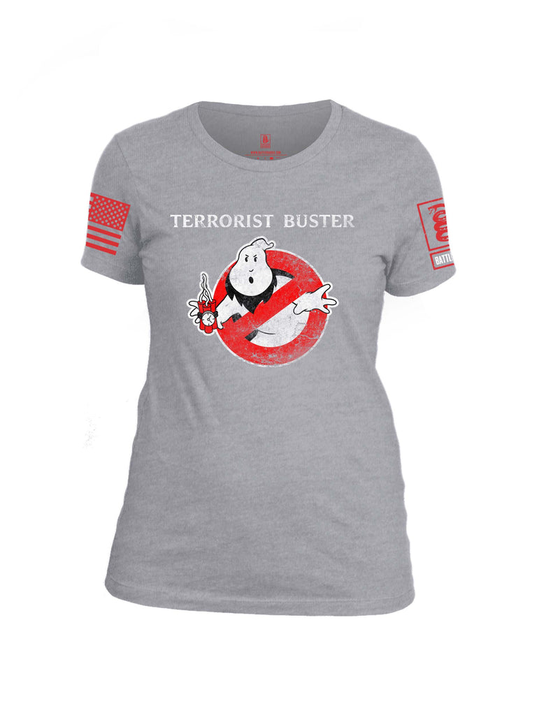 Battleraddle Terrorist Buster Red Sleeve Print Womens Cotton Crew Neck T Shirt