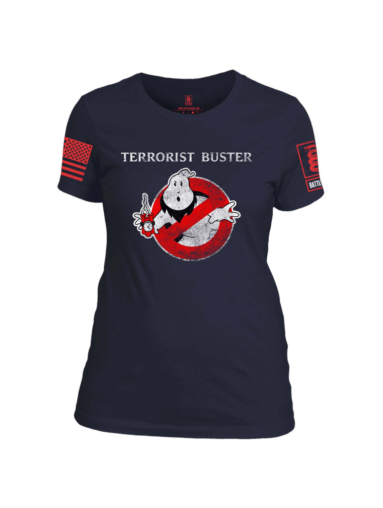 Battleraddle Terrorist Buster Red Sleeve Print Womens Cotton Crew Neck T Shirt