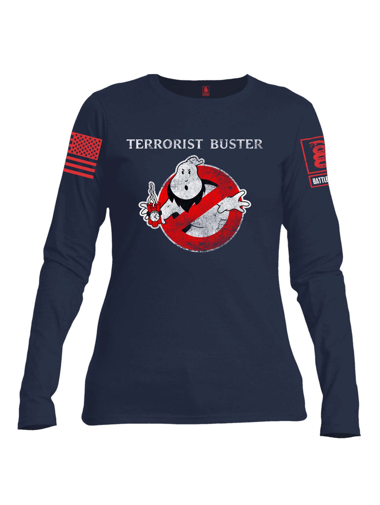 Battleraddle Terrorist Buster V1 Red Sleeve Print Womens Cotton Long Sleeve Crew Neck T Shirt