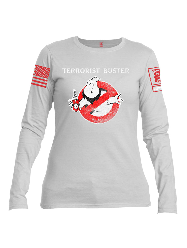 Battleraddle Terrorist Buster V1 Red Sleeve Print Womens Cotton Long Sleeve Crew Neck T Shirt