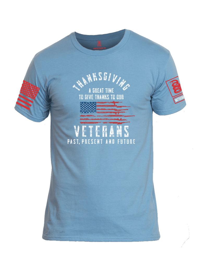 Battleraddle Thanksgiving A Great Time To Give Thanks To Our Veterans Red Sleeve Print Mens Cotton Crew Neck T Shirt