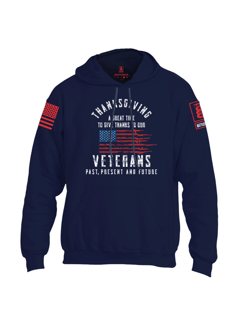 Battleraddle Thanksgiving A Great Time To Give Thanks To Our Veterans Red Sleeve Print Mens Blended Hoodie With Pockets