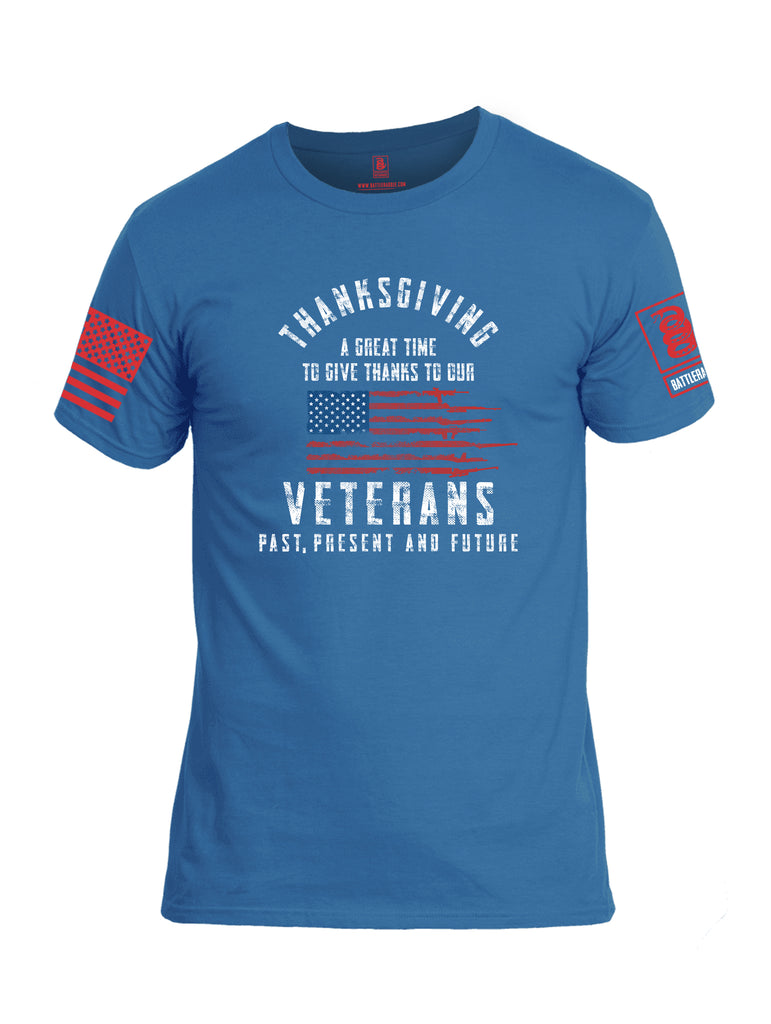 Battleraddle Thanksgiving A Great Time To Give Thanks To Our Veterans Red Sleeve Print Mens 100% Battlefit Polyester Crew Neck T Shirt