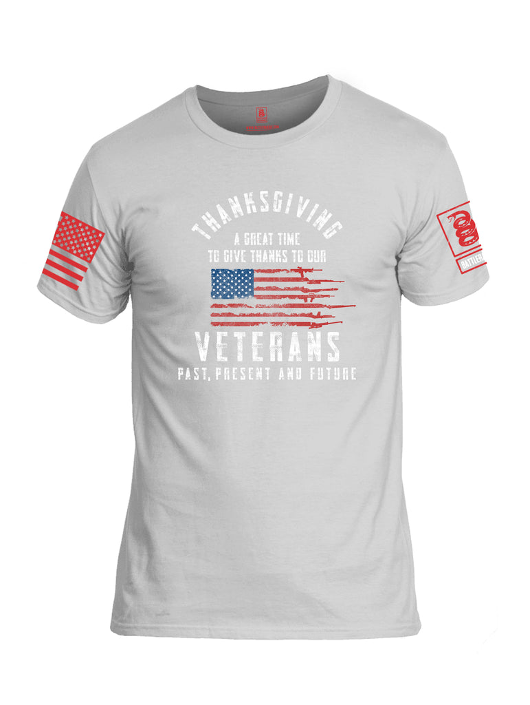 Battleraddle Thanksgiving A Great Time To Give Thanks To Our Veterans Red Sleeve Print Mens 100% Battlefit Polyester Crew Neck T Shirt