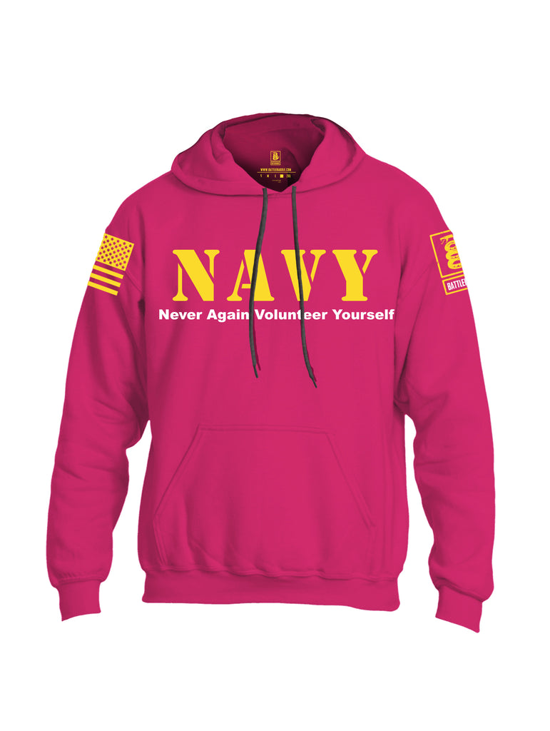 Battleraddle NAVY Never Again Volunteer Yourself Yellow Sleeve Print Mens Blended Hoodie With Pockets