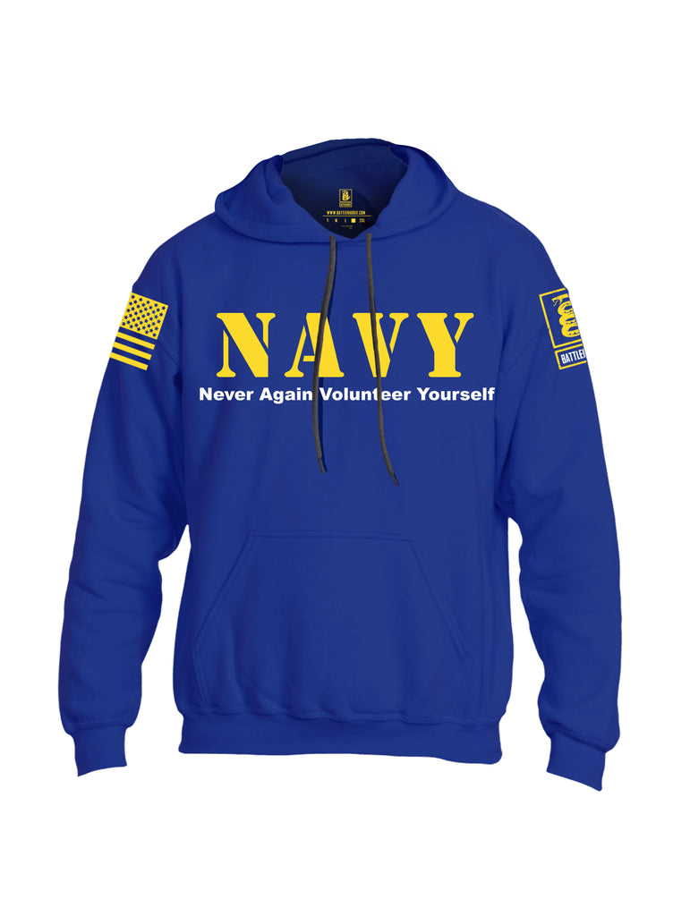 Battleraddle NAVY Never Again Volunteer Yourself Yellow Sleeve Print Mens Blended Hoodie With Pockets