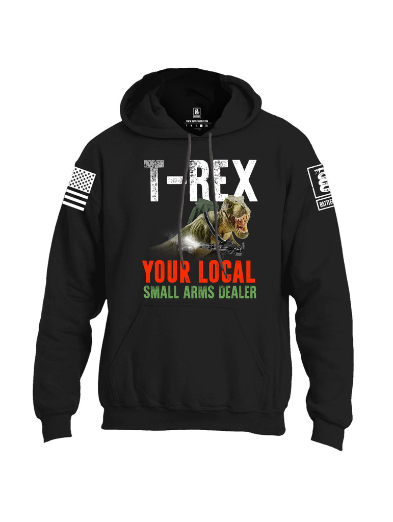 Battleraddle T-Rex Your Local Small Arms Dealer White Sleeve Print Mens Blended Hoodie With Pockets