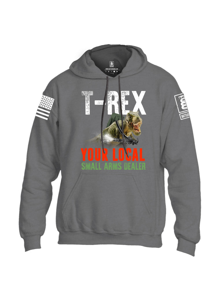 Battleraddle T-Rex Your Local Small Arms Dealer White Sleeve Print Mens Blended Hoodie With Pockets