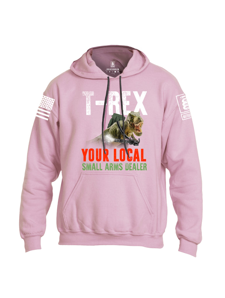 Battleraddle T-Rex Your Local Small Arms Dealer White Sleeve Print Mens Blended Hoodie With Pockets