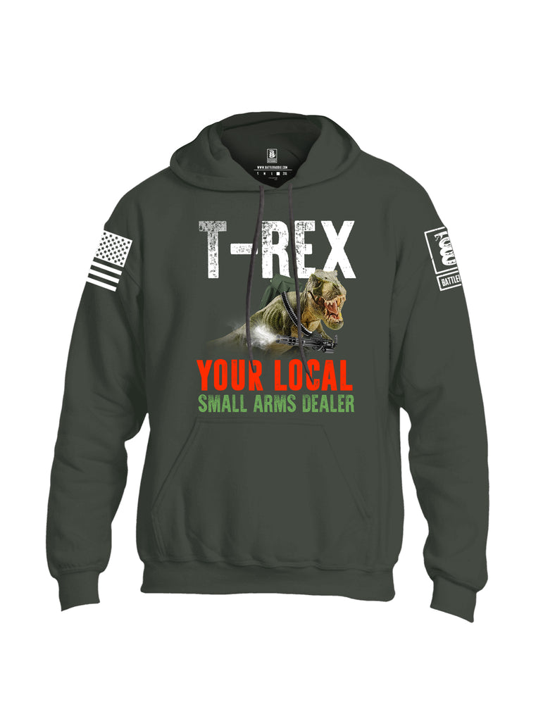 Battleraddle T-Rex Your Local Small Arms Dealer White Sleeve Print Mens Blended Hoodie With Pockets