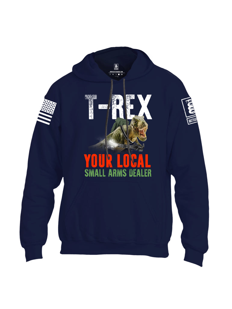 Battleraddle T-Rex Your Local Small Arms Dealer White Sleeve Print Mens Blended Hoodie With Pockets