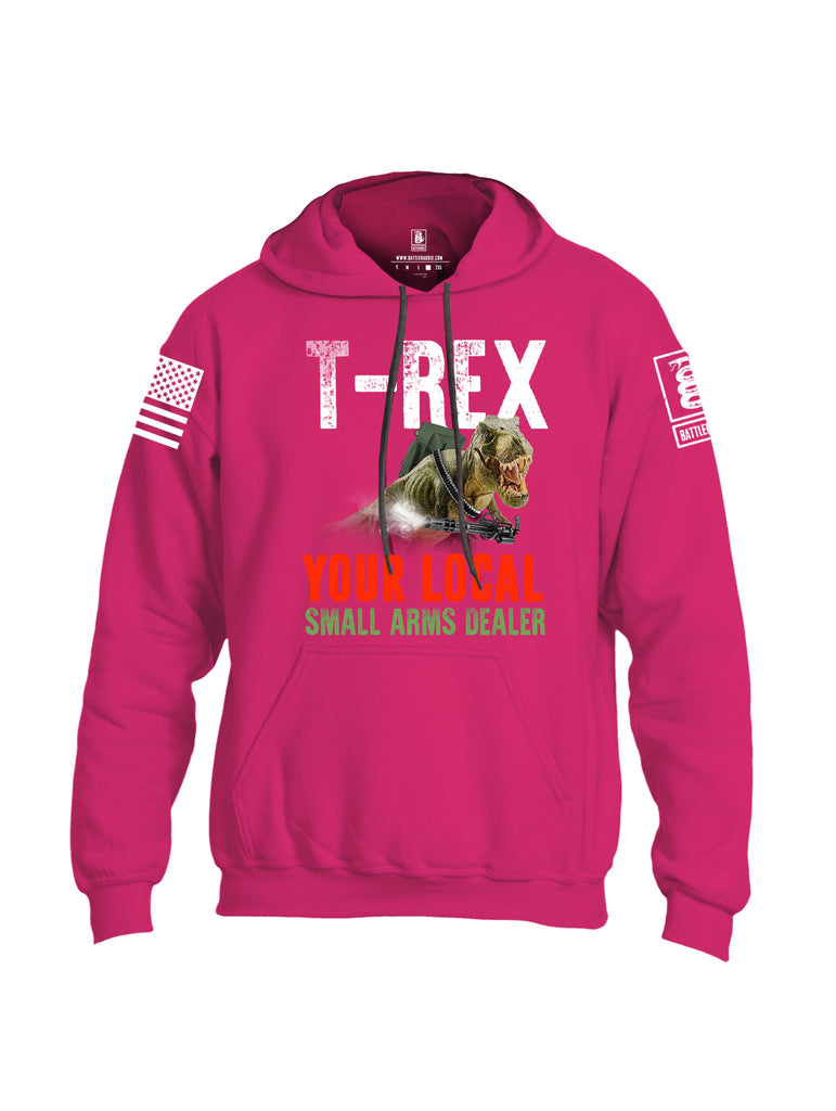 Battleraddle T-Rex Your Local Small Arms Dealer White Sleeve Print Mens Blended Hoodie With Pockets