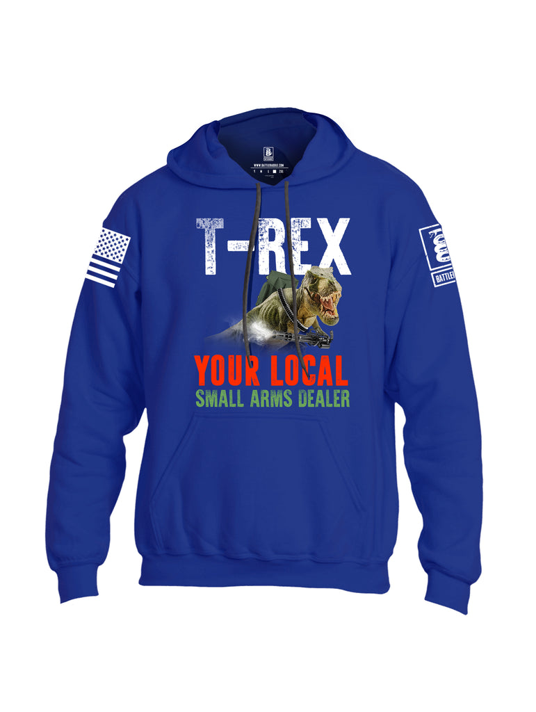 Battleraddle T-Rex Your Local Small Arms Dealer White Sleeve Print Mens Blended Hoodie With Pockets
