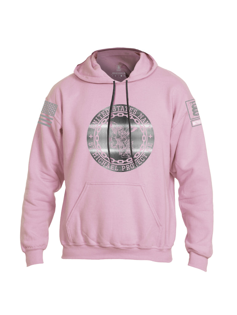 Battleraddle USN St Michael Protect Me Grey Sleeve Print Mens Blended Hoodie With Pockets